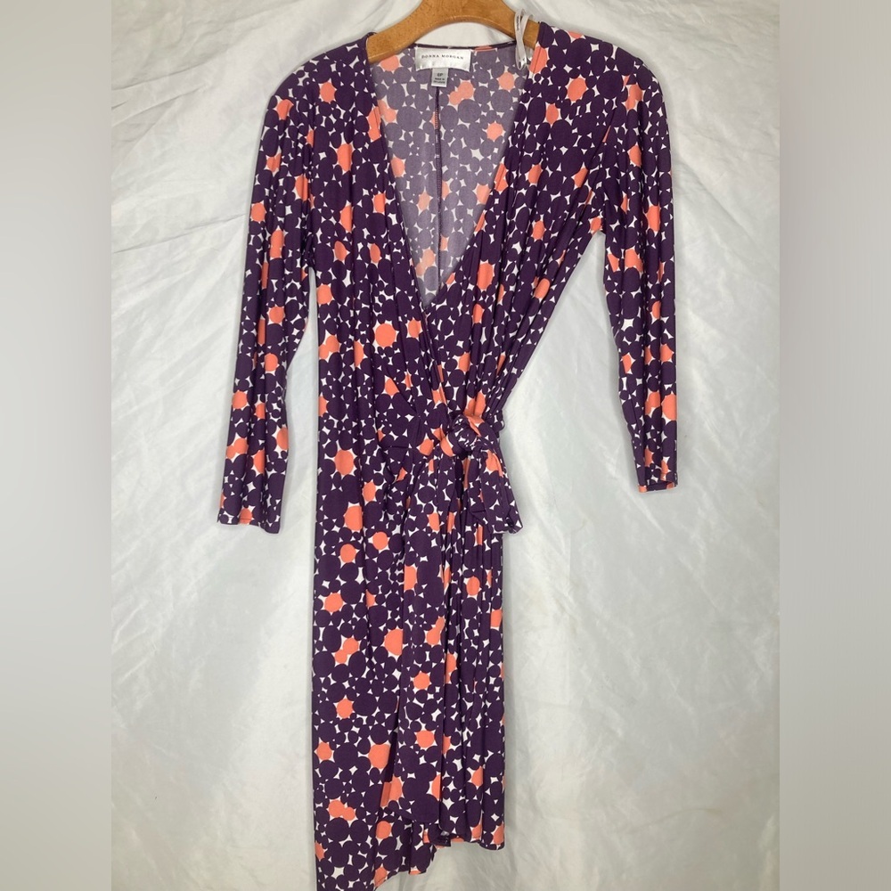 Donna Morgan dotted geometric wrap dress.